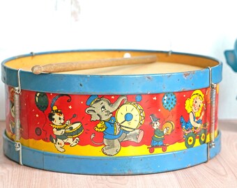 Vintage 1940s Ohio Art Tin Litho Toy Circus Drum 163, 11