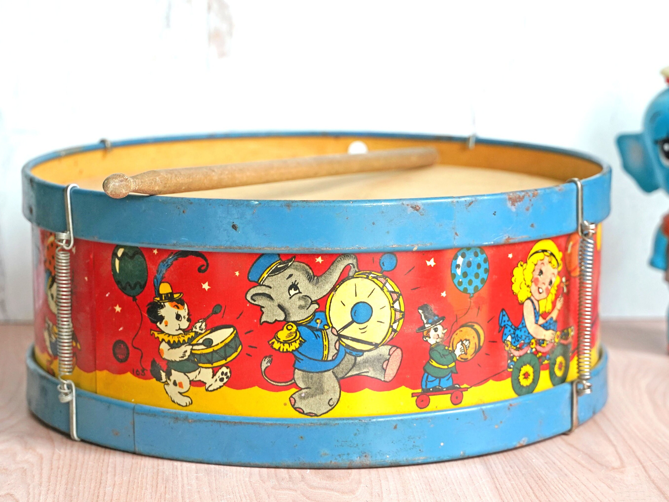 40’s アンティークトイ  「マーチング ドラマー」 Vintage 1940s Ohio Art Tin Litho Toy Circus Drum 163, 11