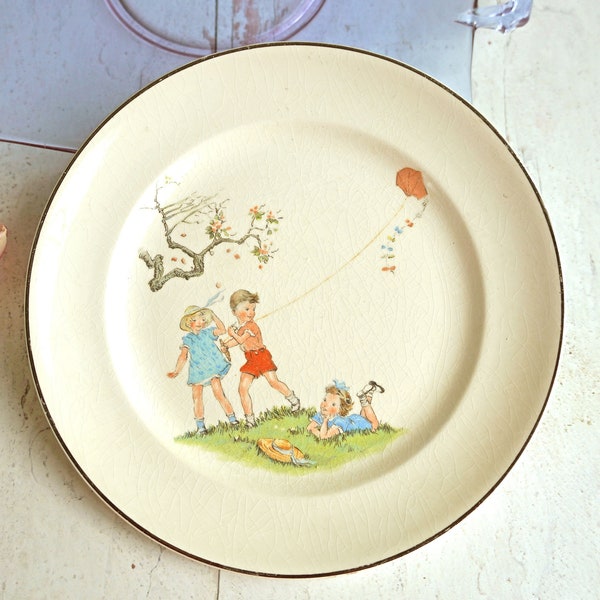 Vintage Derwood W.S. George China Plate Children at Play in Springtime, Flying Kite, Silver Rim, 8", 383B, Children's Plate, Spring Decor
