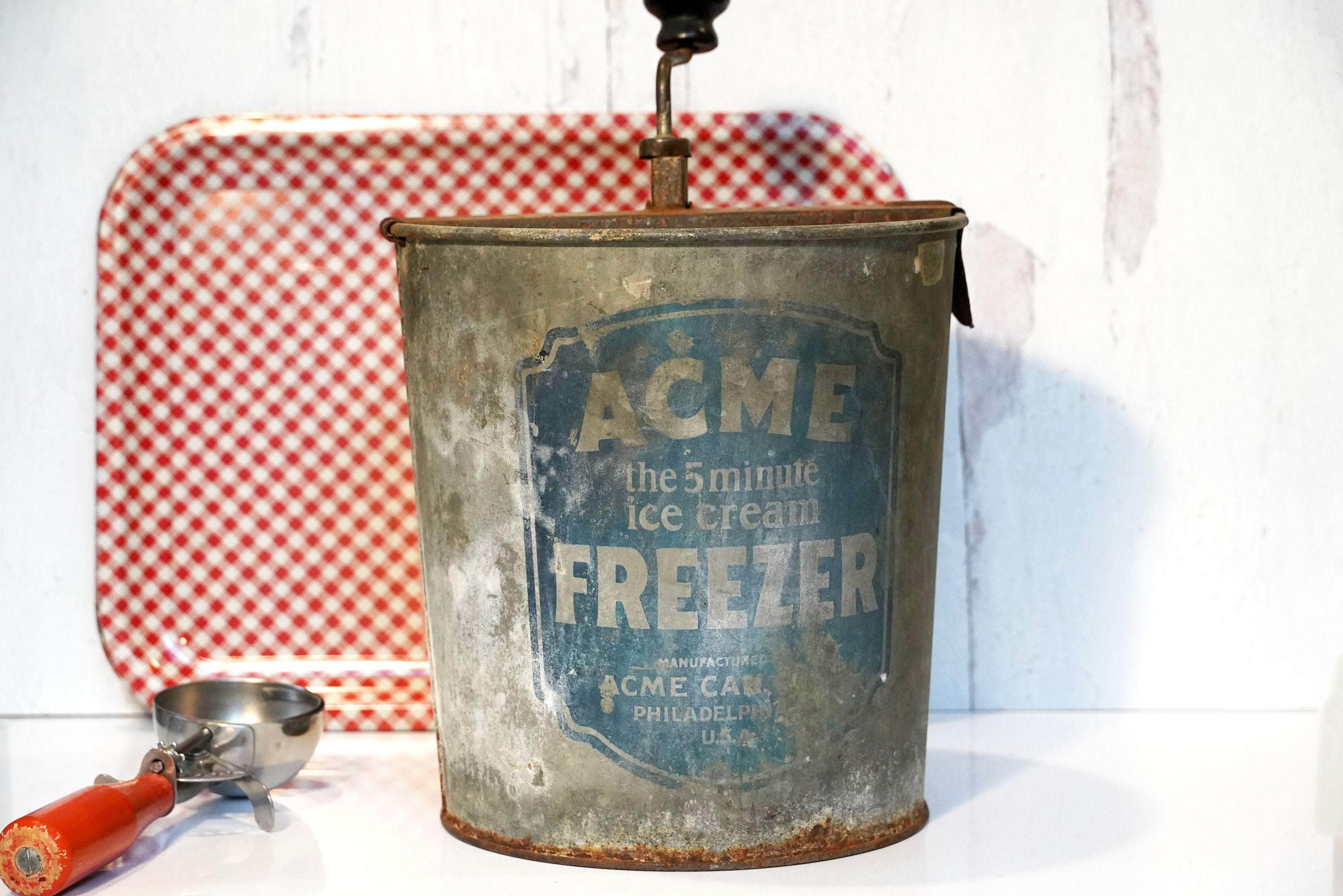 Antique 1920s Acme 5 Minute Ice Cream Maker, Hand-crank