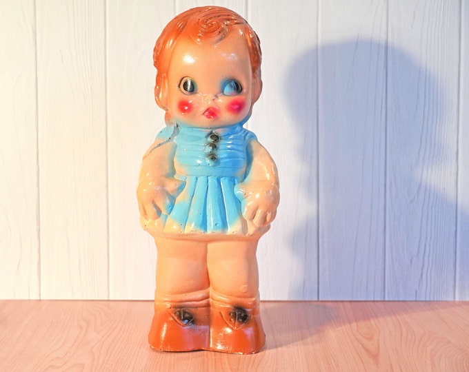 Vintage 1940s Large 12 Chalkware Kewpie Girl Bank, Baby Doll, Blue