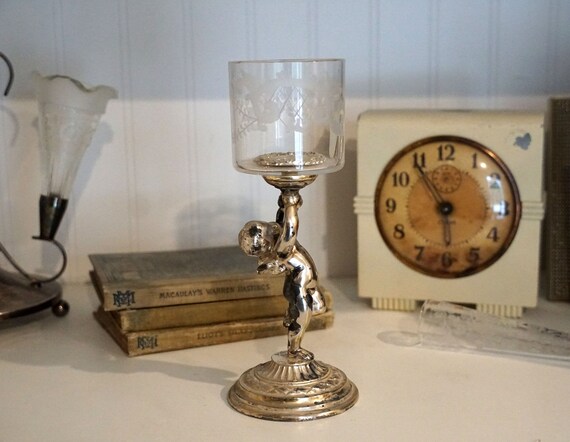 Antique Pairpoint Mt. Washington Art Nouveau Cherub Silver Plate Cherub and  Etched Glass Cigarette Holder Signed 4970