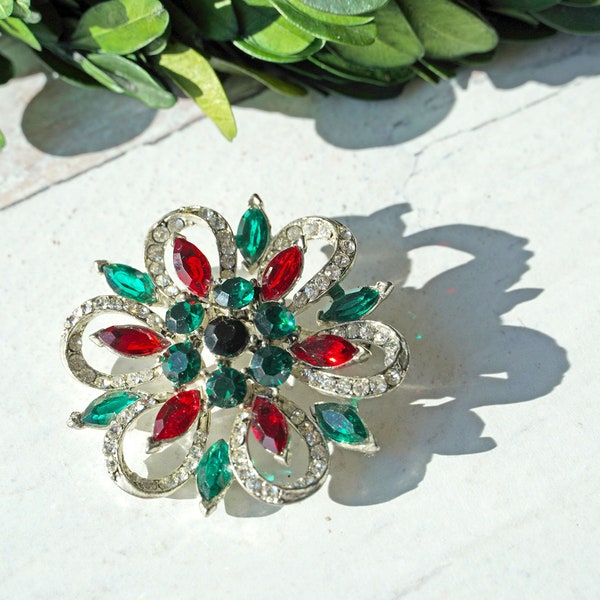 Vintage Mid Century Weiss Red & Green Christmas Brooch, Silver-Tone Setting, Signed, Faceted and Marquise Cut Stones, Poinsettia, Flower Pin