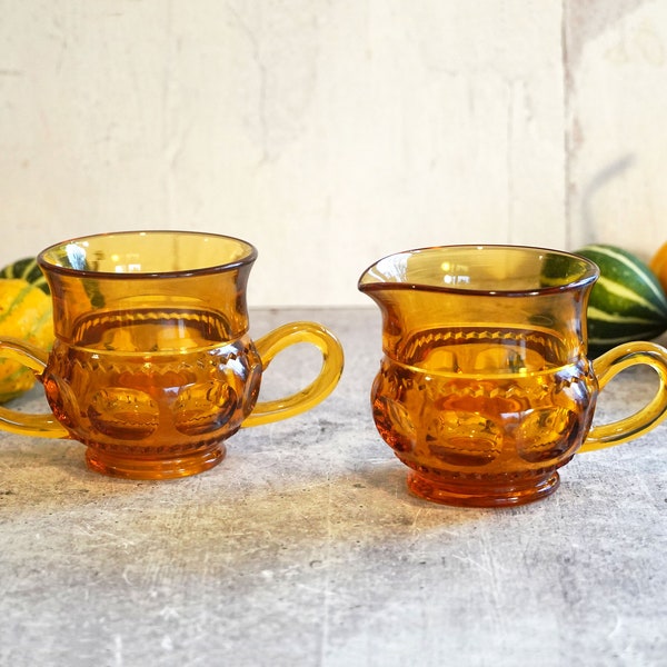 Vintage Indiana Glass Amber King's Crown Double Handle Sugar Bowl and Cream Pitcher, Thumbprint with Sawtooth, Applied Handle, Fall Decor