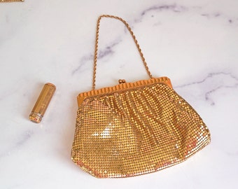 Vintage 1930s - 40s Whiting & Davis Gold Mesh Evening Bag, Style 2930, Fluted Metal Frame, Twisted Chain, Satin Lining, Gilded Glamour Purse