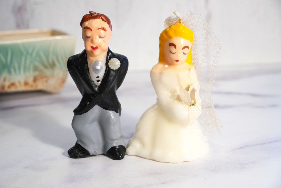 Vintage 1940s Emkay Bride & Groom Candles, Unburned Wax Candles, Fabric
