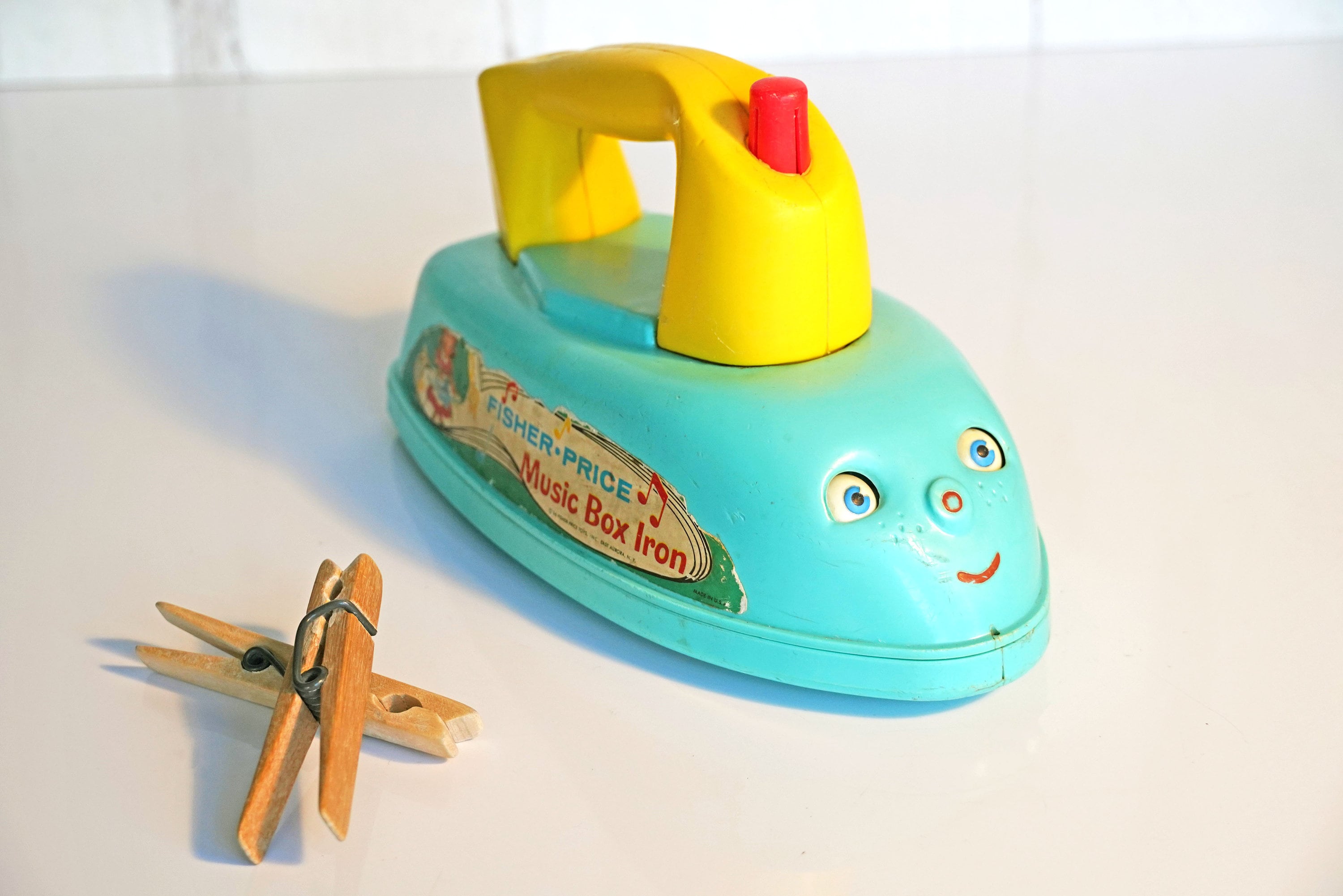 Vintage 1966 Fisher Price Music Box Iron Pull Toy 125, Rolling Hard Plastic  Iron, Moving Eyes, Collectible Toys