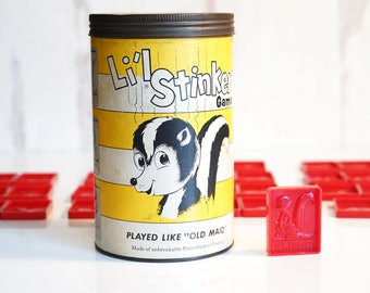 Vintage 1956 Schaper Products Lil Stinker Game, Version of Old Maid, Red Animal Theme Plastic Tiles, Yellow Can Packaging, Skunk