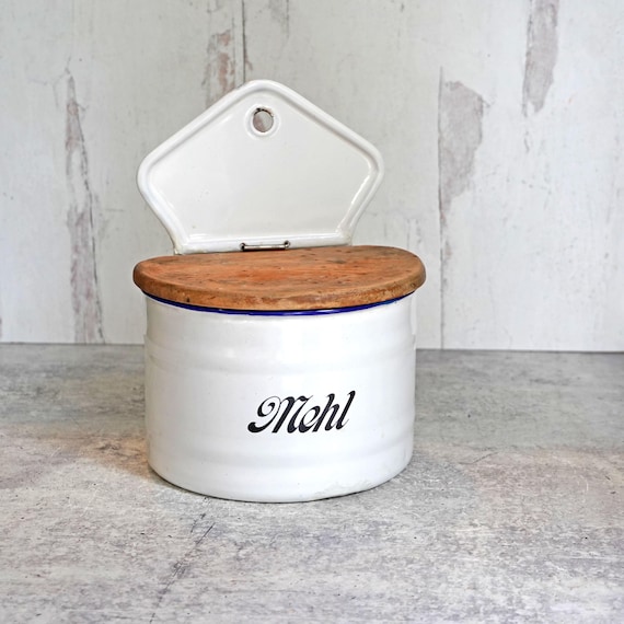 Vintage French Porcelain Enamel Wall Hanging Mehl Flour Box, White, Blue Rim, Wood Hinged Lid, Black Mehl, Blue Caduceus, Repurposed Medical