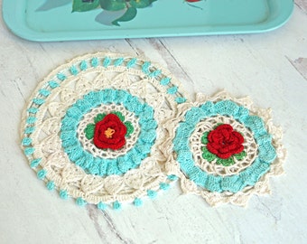 Vintage Mid Century Handmade Round Crocheted Doilies Turquoise and White with Red Roses, 7 1/2", 5", Cottage, Garden, Retro