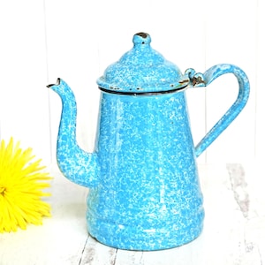 May include: A vintage blue enamelware coffee pot with a speckled pattern. The pot has a lid, spout, and handle. A bright yellow flower is next to the pot. The pot is on a white wooden surface.