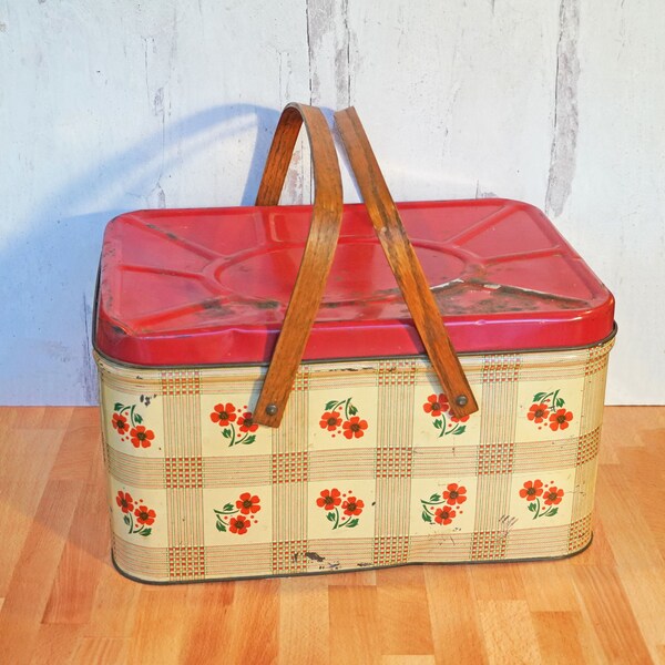 Vintage 1950s Tin Litho Red Cream Floral and Plaid Picnic Basket Wood Handles, Rustic, Country, Farmhouse, Mid Century Summer Decor