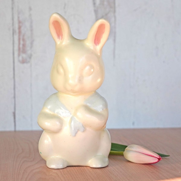 Vintage Matte White Ceramic Rabbit with Pale Blue Shawl, 6 1/2", Unmarked, Easter Decoration, Spring Decor