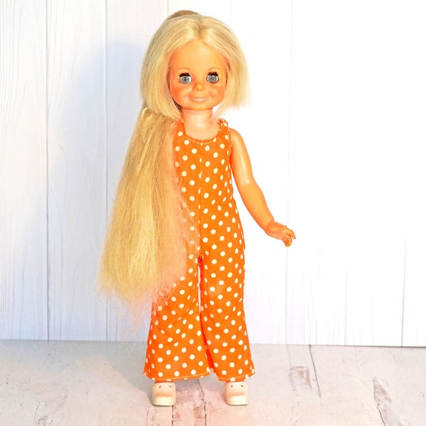 Vintage 1971 Ideal Velvet Doll, 16", Crissy's Friend with Blonde Hair that Grows, Orange Polka Dot Jumpsuit, White Clogs, Bunny Barrettes