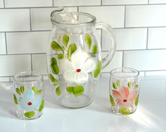 Vintage Bartlett Collins Gay Fad 7 1/2" Glass Water Pitcher, Ribbed Handle, Ice Lip, & Pair of 3" Small Glasses, Hand-Painted Floral Motif