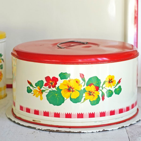 Vintage 1950s Tin Litho Cake Carrier, Red and White, Colorful Nasturtiums Design, 12",  Locking Cover, and Handle, Retro Kitchen Decor