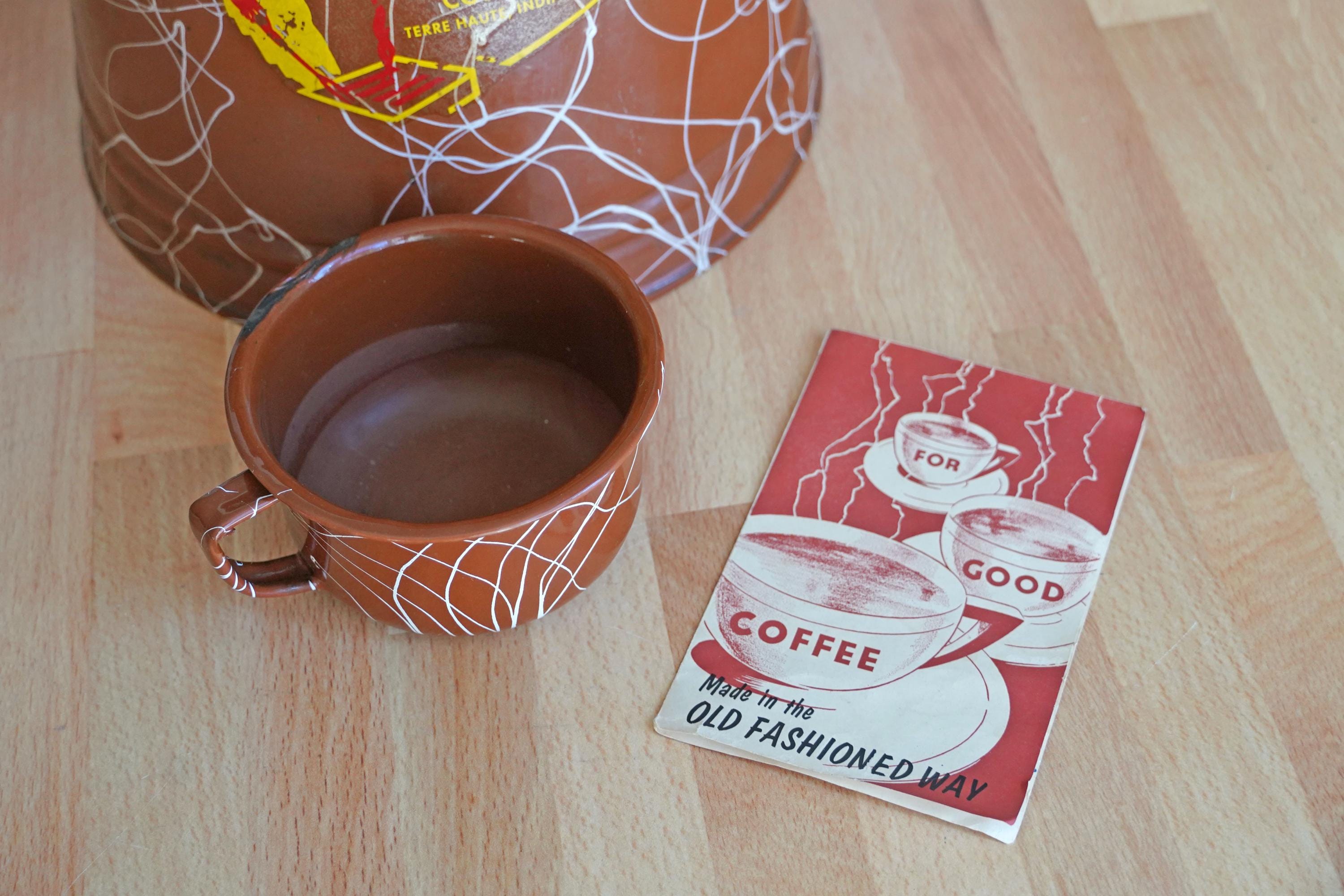 Vintage 1940s the Columbian Coffee Caddy, Brown Porcelain Enamel