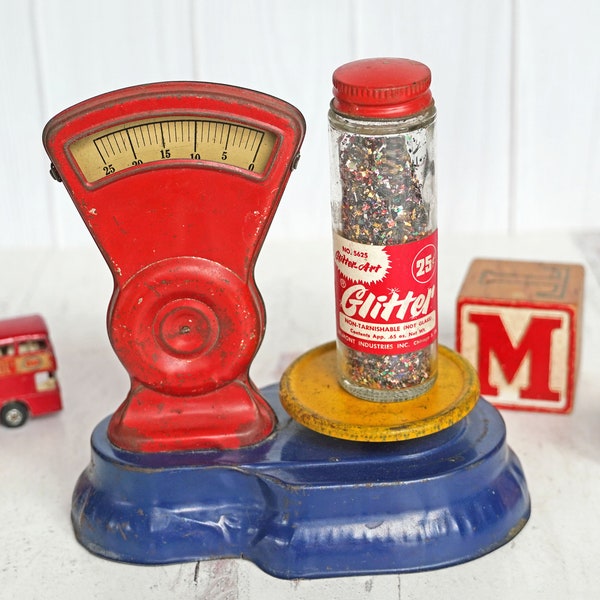 Vintage 1940s - 1950s Tin Litho Toy Miniature Shop Scale, Red, Yellow, Blue, 5 3/4" x 5 1/2", Collectible Tin Toys, Toy Platform Scale