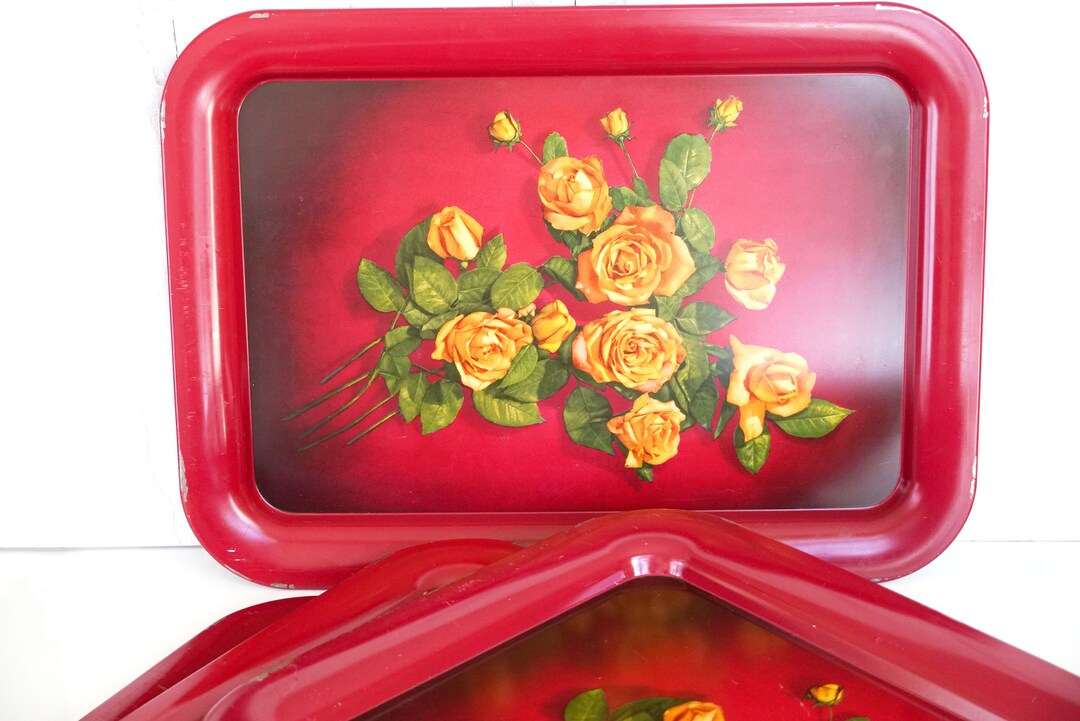 Vintage Dark Red Metal Lap Trays, With Peachy Yellow Roses, Set of 4