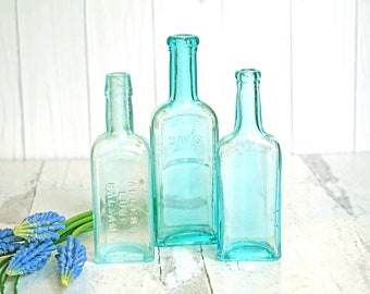 Antique Ice Blue Glass Apothecary Bottles, Set of 3, Allen's Lung Balsam, Davis Vegetable Painkiller, Fletcher's Castoria, Blue Glass