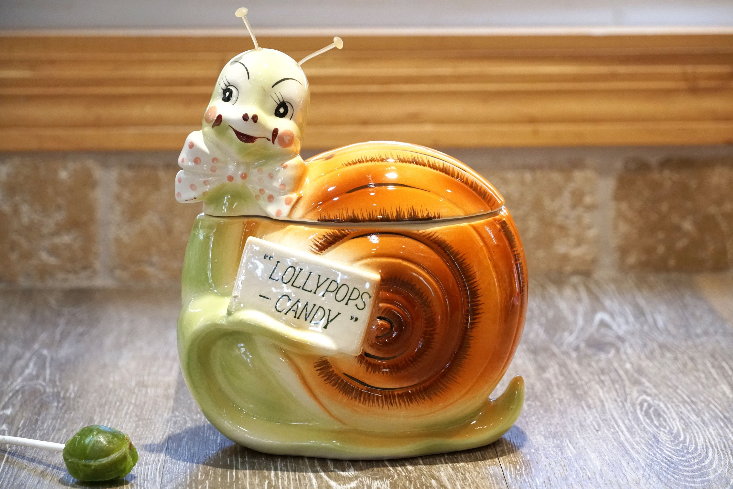 Vintage 1950s Enesco Snappy Snail Candy Jar, Lollipops, Ceramic