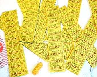 Vintage Lot of Unused Angela Park Food Tickets, 10 perforated strips (100 tickets) Yellow & Red, Amusement Park, Ephemera, Junk Journals