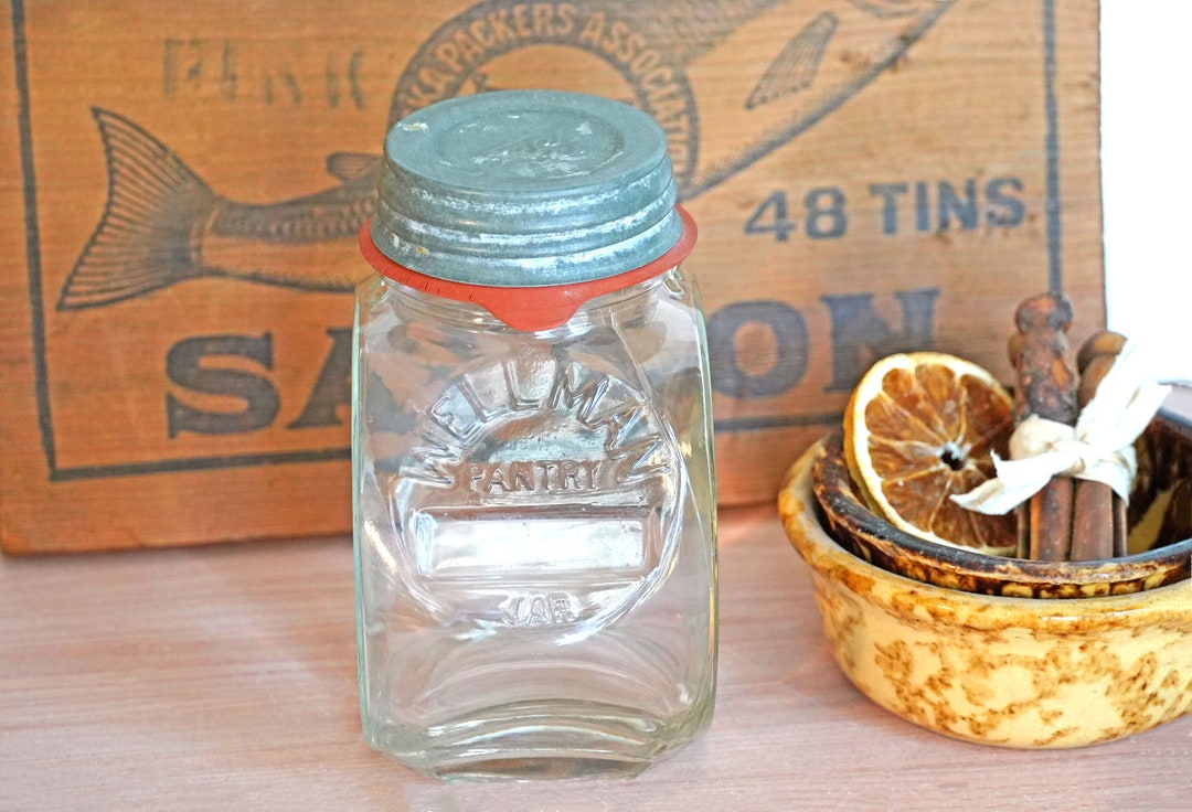 Vintage Glass Wellman Pantry Jar, Embossed on 2 Sides, Round Flat on