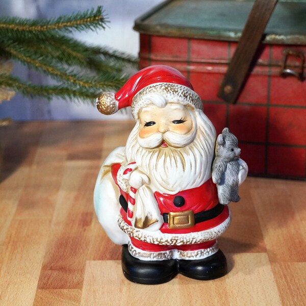 Vintage Homco Ceramic Santa Claus Coin Bank, 6 1/2", Santa & Sack over his Shoulder and Bear, Marked 5610 on Bottom, Christmas Decorations