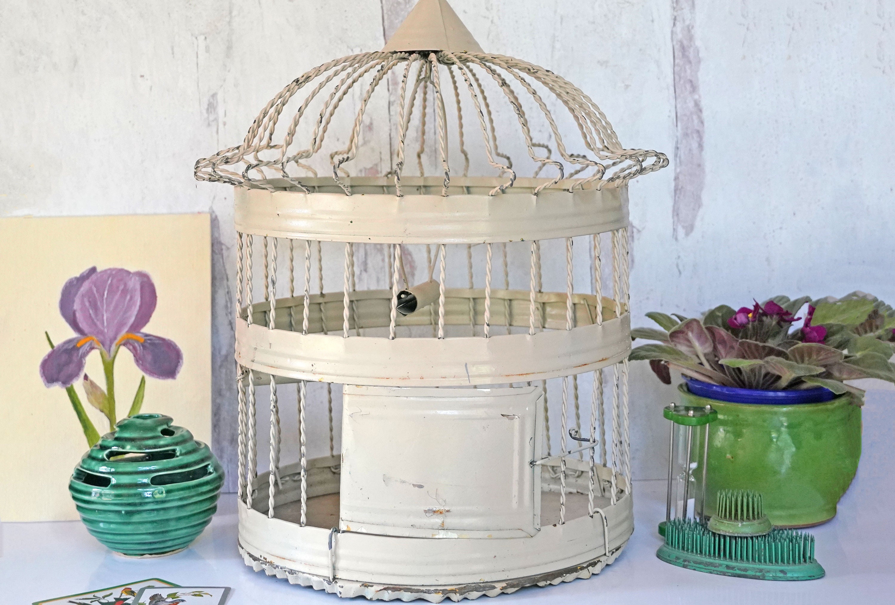 Vintage Painted Ivory Twisted Metal Round Bird Cage Victorian Style Round Swing Latch Door Hanging or Tabletop Cottage Decor or Display Etsy