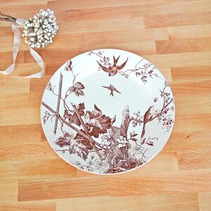 May include: A white ceramic plate with a brown botanical and bird design. The plate features a detailed illustration of vines, flowers, and birds. The plate is round and sits on a wooden surface.