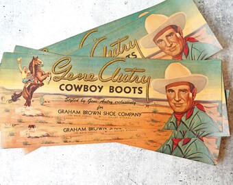 Vintage 1950s Gene Autry Cowboy Boots Box Label, New Old Stock, Styled for Graham Brown Shoe Co., TX, 50s Ephemera, Western Collectibles