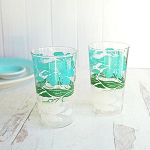 Vintage 1948 Hocking Glass Primrose Tumbler, 5 oz., 4 3/4", Set of 2, Turquoise Blue, Green & White, Collectible Kitchen Glass, Glassware