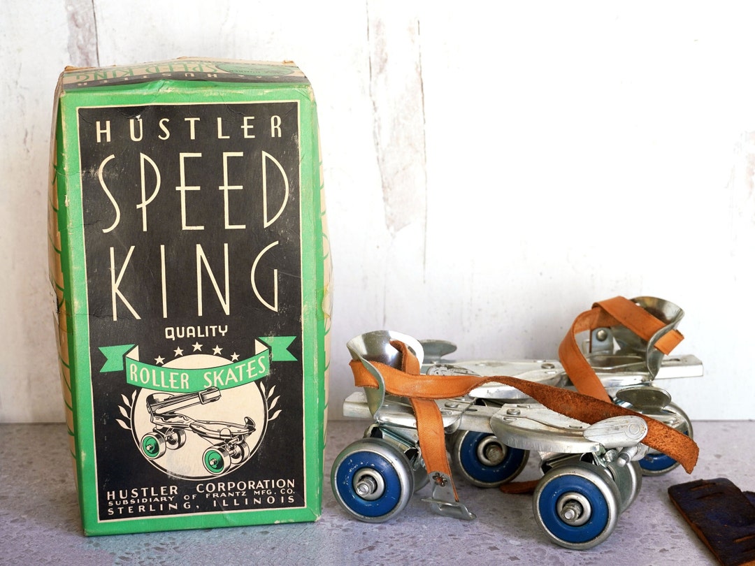 Vintage 1940s Hustler Speed King Roller Skates, Style 495, Blue Ball
