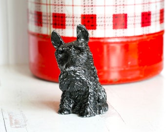 Vintage 1940s - 50s Metal Black Scottie Dog Still Bank, Green Tin Litho Door, 5 1/4", Unmarked, Scottish Terrier Collectibles, Hubley, Marx