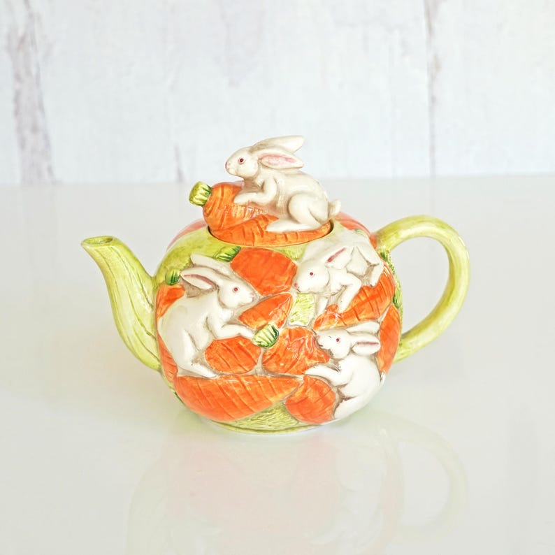 Golden Rabbit Kitchen Tea Pot Vintage Takahashi San Francisco Rabbit and Carrot Teapot, Hand-painted ...
