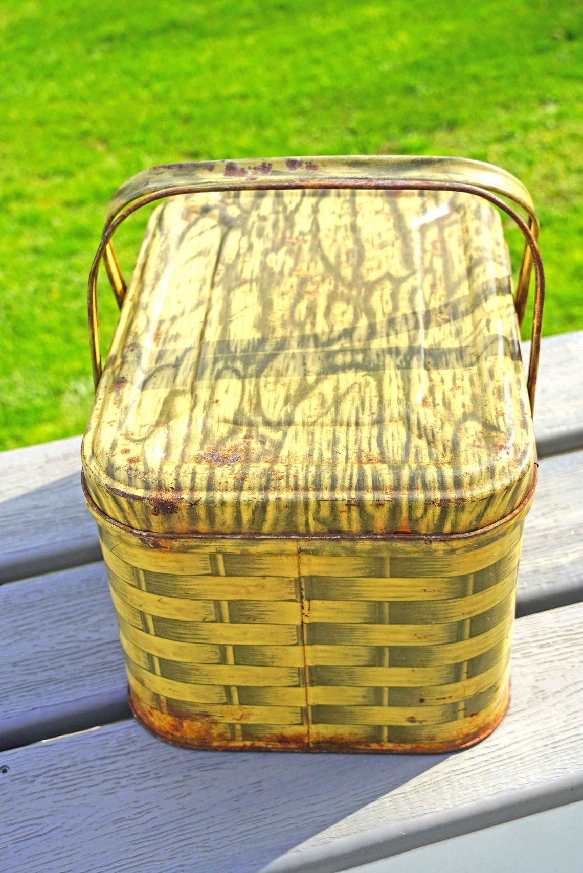 Vintage 1950s Tin Litho Picnic Basket Double Handle Hinged Etsy