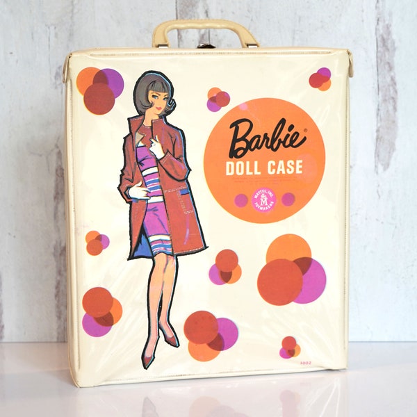 Vintage 1958 Barbie Case 1002 White with Pink & Orange Dots, White Plastic Handle, Accessories Bins, Mid Century Barbie Doll Collectibles