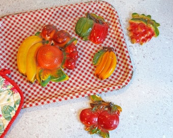 Vintage 1950s Chalkware Fruit & Veggie Wall Plaques, Chippy Paint, Fruit Cluster, Small Bananas, Tomatoes, Peppers, Grapes, Kitchen Decor