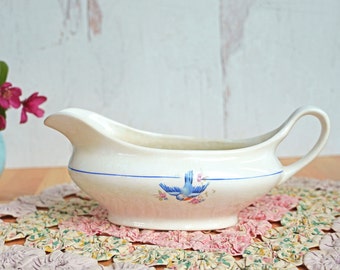 Vintage Bluebird & Cherry Blossom China Gravy Boat, Unmarked, Blue Line, 8 1/2", Unmarked, Rustic, Farmhouse, Spring, Cottage Decor