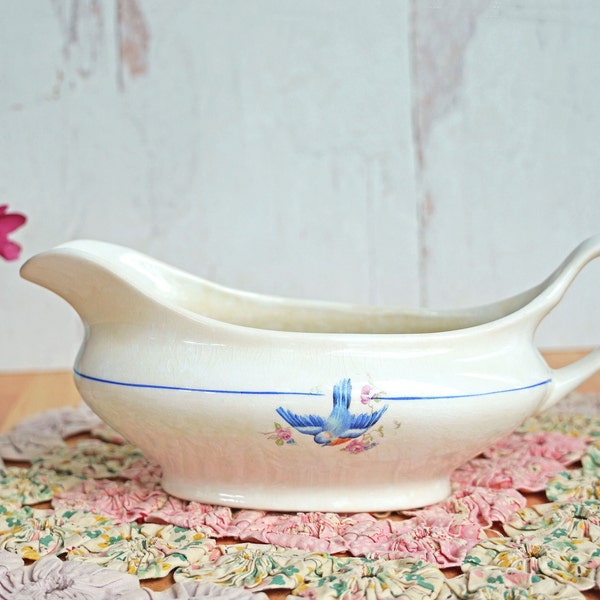 Vintage Bluebird & Cherry Blossom China Gravy Boat, Unmarked, Blue Line, 8 1/2", Unmarked, Rustic, Farmhouse, Spring, Cottage Decor