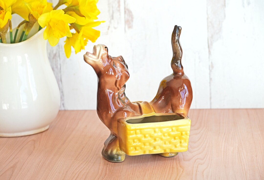 Vintage 1950s Pottery Braying Donkey Planter, Yellow Cart, Brown Burro, Planter and Trinket Dish