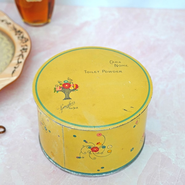 Vintage Langlois New York Cara Nome Toilet Powder Tin, Yellow Flower Basket and Floral Design, Art Deco Vanity or Dressing Table Decor