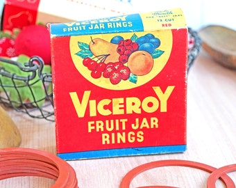 Vintage NOS Viceroy Fruit Jar Rings, 1 Dozen Wide Mouth Red Rubber Rings, Red & Blue Box, Fruit Design, Retro, Farmhouse Kitchen, Canning