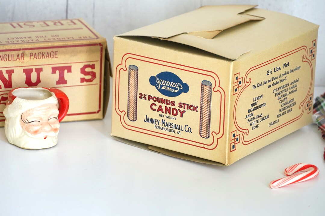Antique Janney's Stick Candy Box, EMPTY, 2 Lb Red Blue Beige Cardboard