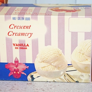 Vintage 1960s NOS Crescent Dairy Vanilla Ice Cream Container, Lavender Striped Waxed Paper, 1/2 Gallon, EMPTY,  Mid Century Packaging