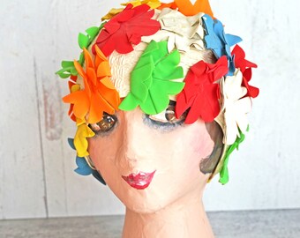 Vintage 1950s Rubber Floral Swim Cap, Dimensional Multi-Color Rubber Flowers, One-Size, Stretchable, Mid Century, Bathing Beauty, Beachwear