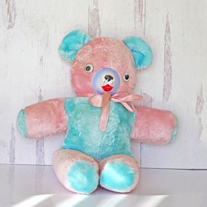 Vintage 1950s Large Rushton Stuffed Teddy Bear, Pink & Blue, Plastic Muzzle, Googly Eyes, 24", Mid Century Plush Toys, Retro Kitsch