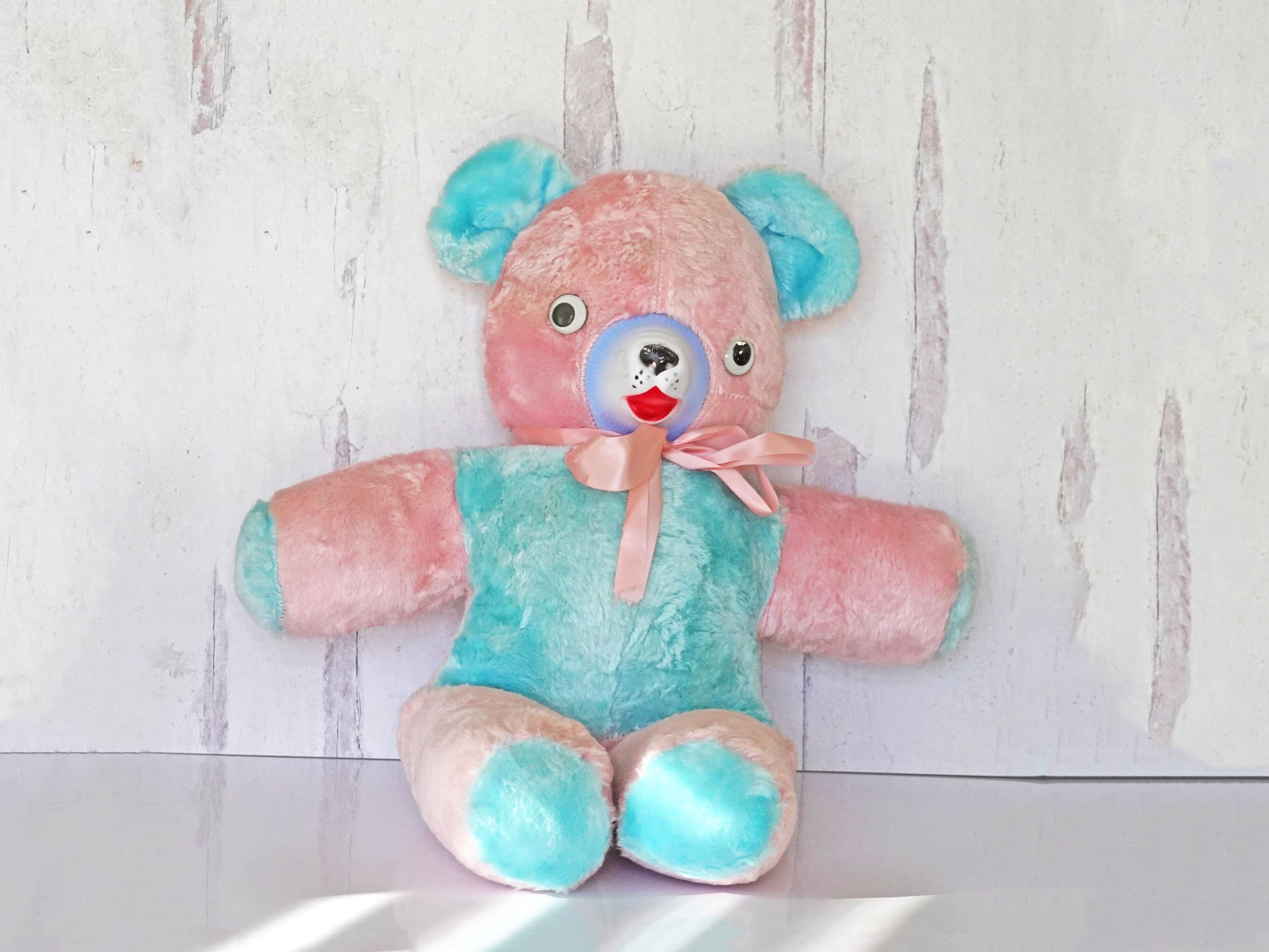Vintage 1950s Large Rushton Stuffed Teddy Bear, Pink & Blue