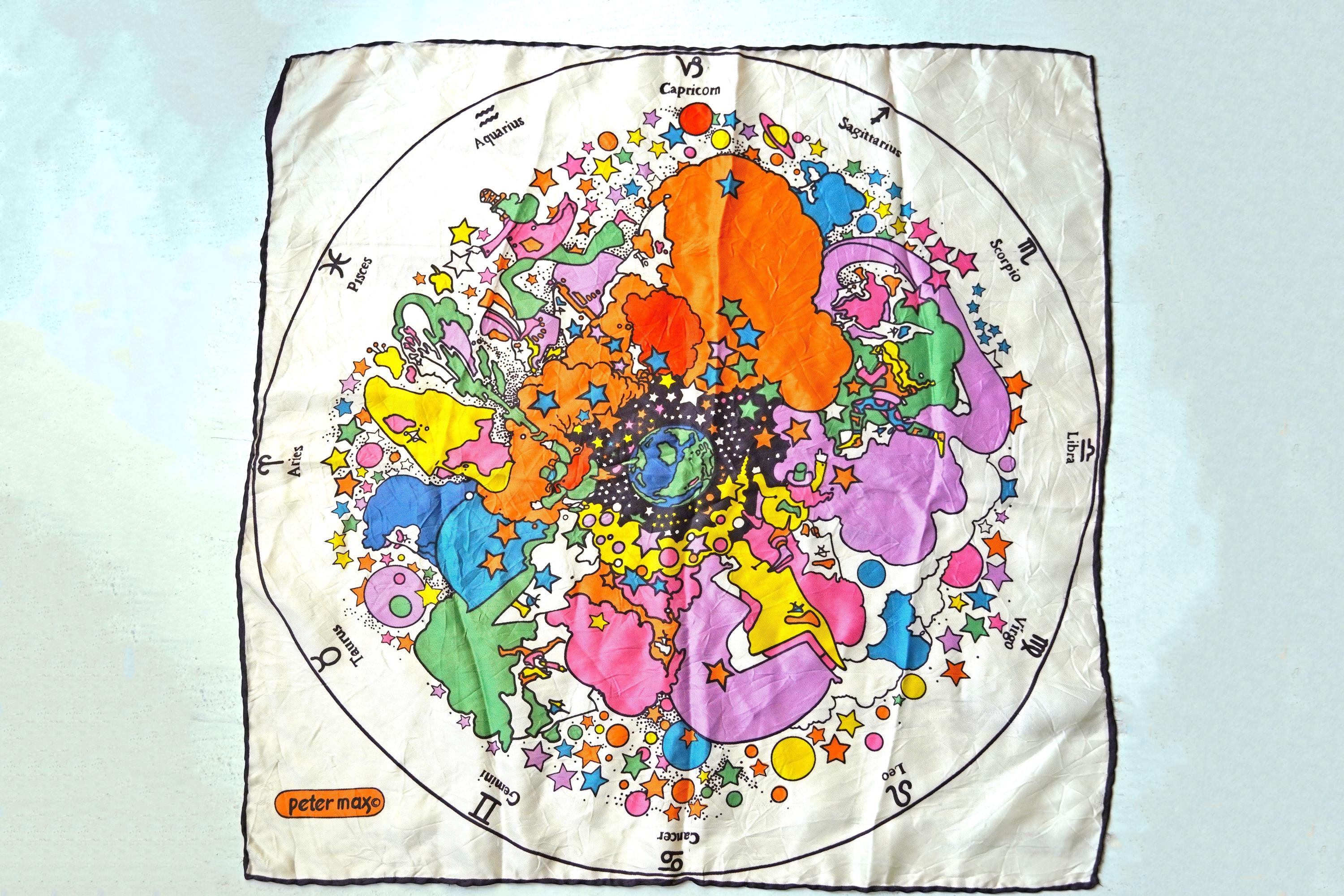 Vintage 1960s - 70s Peter Max Zodiac Scarf, Silk, 21 Vintage 1960s - 70s Peter Max Zodiac Scarf, Silk, 21