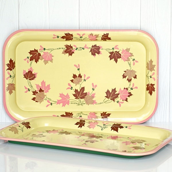 Vintage 1950s Set of 2 Metal Litho Serving Trays, Cream and Pink with Brown Maple Leaves, Green Back, Mid Century, Retro Fall, Cabin Decor